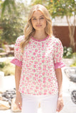Pink Floral Print Lace Detail Blouse