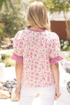 Pink Floral Print Lace Detail Blouse