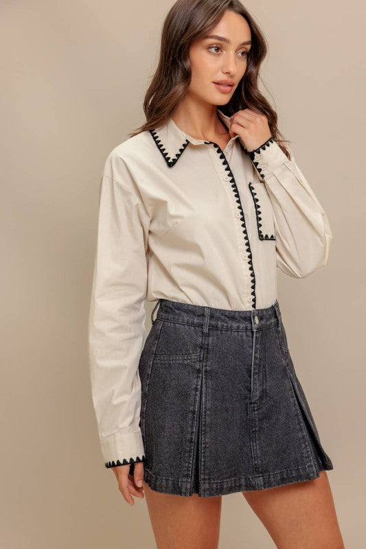 Cream Black Stitch Pocket Long Sleeve Blouse