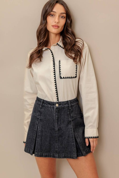 Cream Black Stitch Pocket Long Sleeve Blouse