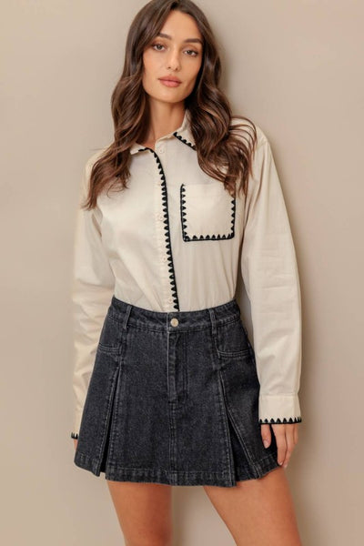 Cream Black Stitch Pocket Long Sleeve Blouse