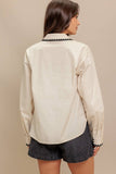 Cream Black Stitch Pocket Long Sleeve Blouse