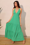 Green Crepe Tiered Halter Maxi Dress