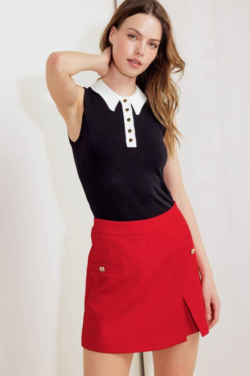 Red Woven Skort With Button Detail
