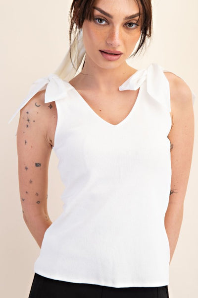 White Ribbon Tie Knit Top