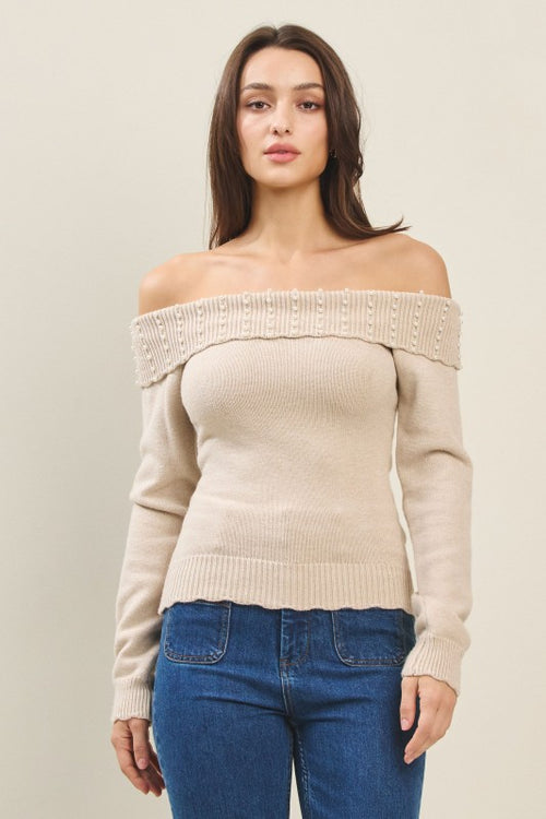 Oatmeal Pearl Detailed Off-Shoulder Sweater