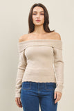Oatmeal Pearl Detailed Off-Shoulder Sweater