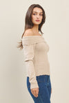 Oatmeal Pearl Detailed Off-Shoulder Sweater