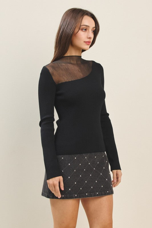 Semi-sheer Mockneck Sweater Top