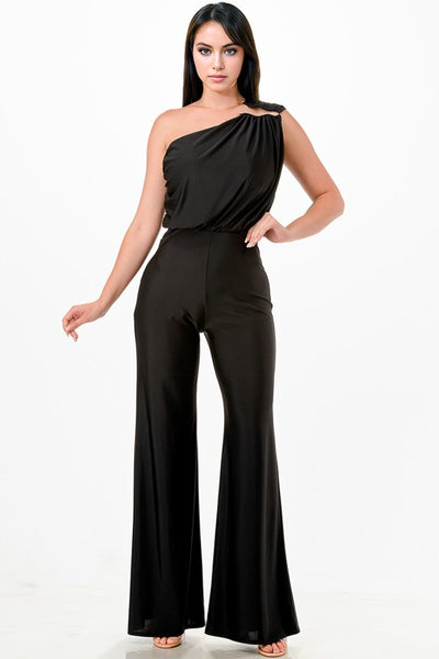 Black Asymmetrical Shoulder Detail Jumpsuit