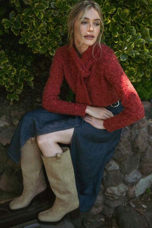 Burgundy Tying Neck Sweater Cardigan