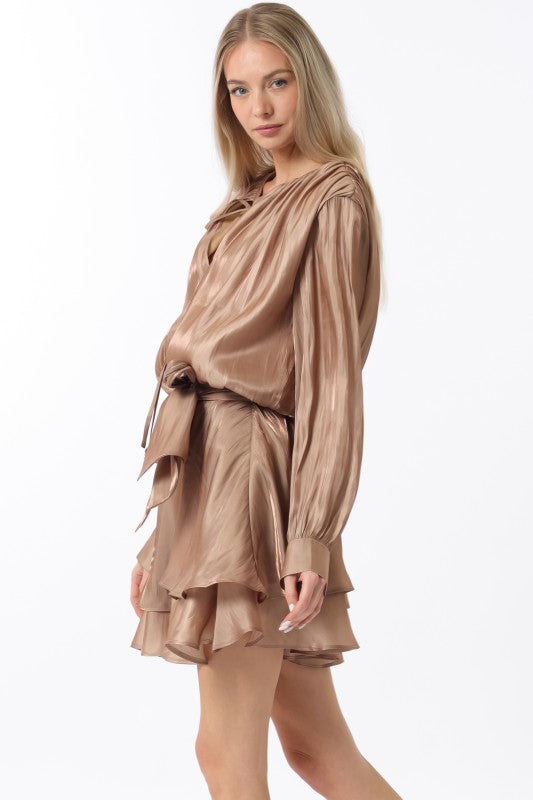 Champagne Long Sleeve Tie Front Mini Dress