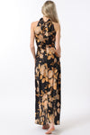 Black and Camel Mock Neck Floral Print Maxi