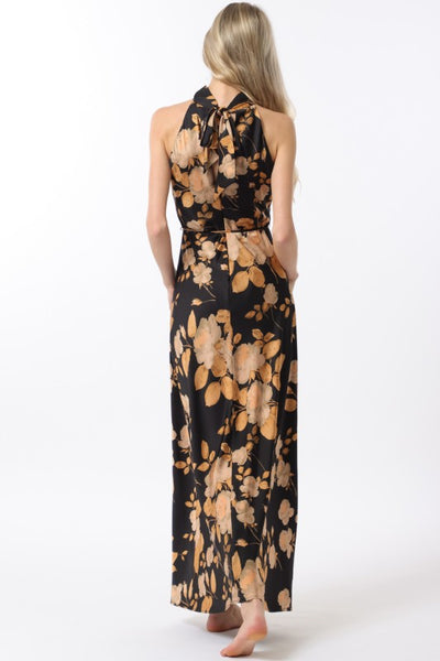Black and Camel Mock Neck Floral Print Maxi