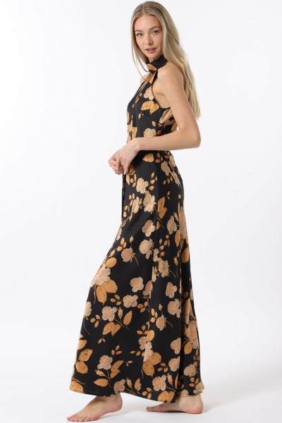 Black and Camel Mock Neck Floral Print Maxi