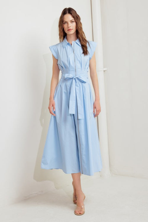 Light Blue Zipper Detail Woven Midi Dress