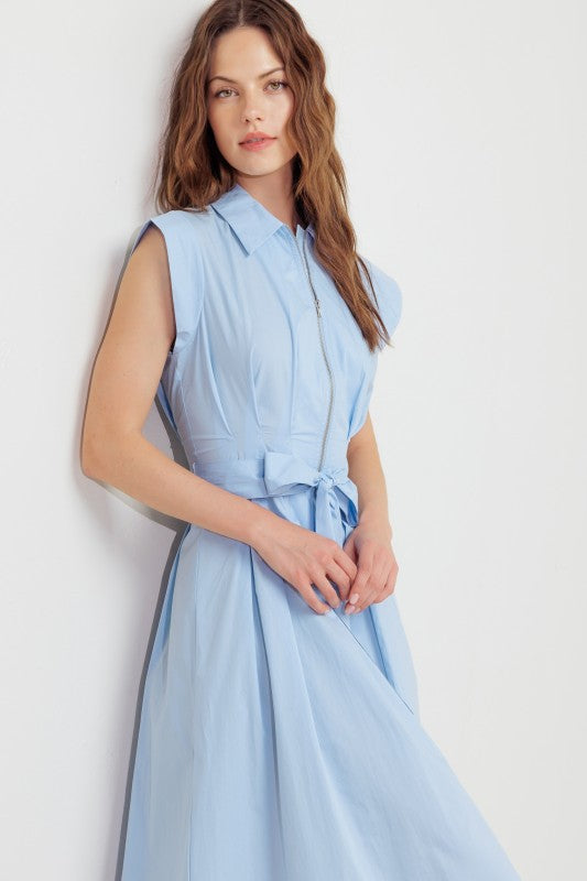 Light Blue Zipper Detail Woven Midi Dress