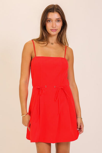 Red Waist Ribbon Mini Dress