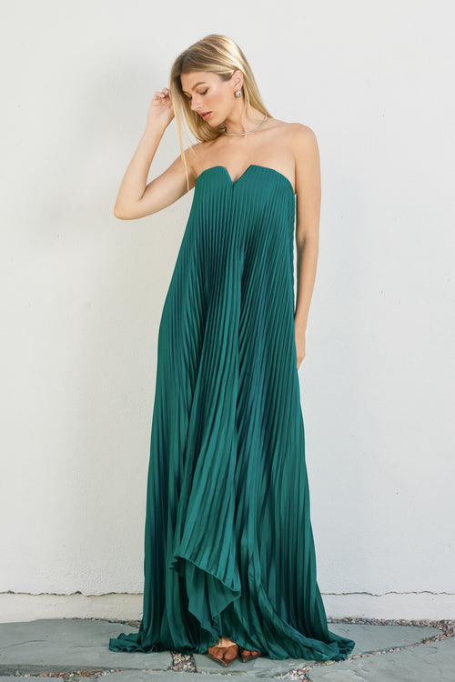 Emerald Satin Strapless Maxi Column Dress