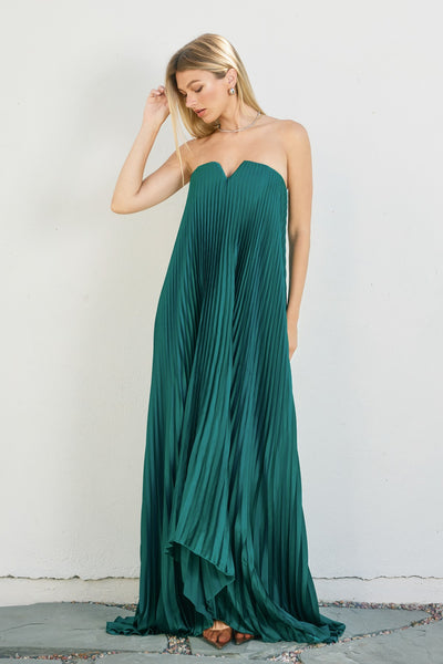 Emerald Satin Strapless Maxi Column Dress