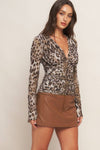 Leopard Print Long Sleeve V-Neck Sheer Top