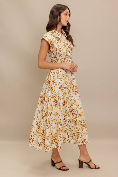 Ivory and Brown Printed Woven Midi Dress