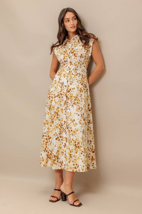Ivory and Brown Printed Woven Midi Dress