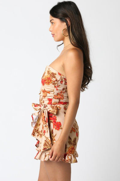 Taupe and Red Floral Print Sleeveless Romper