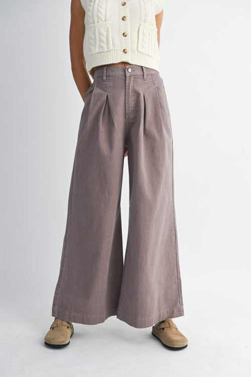 Dark Mauve Pleated Wide Leg Jeans