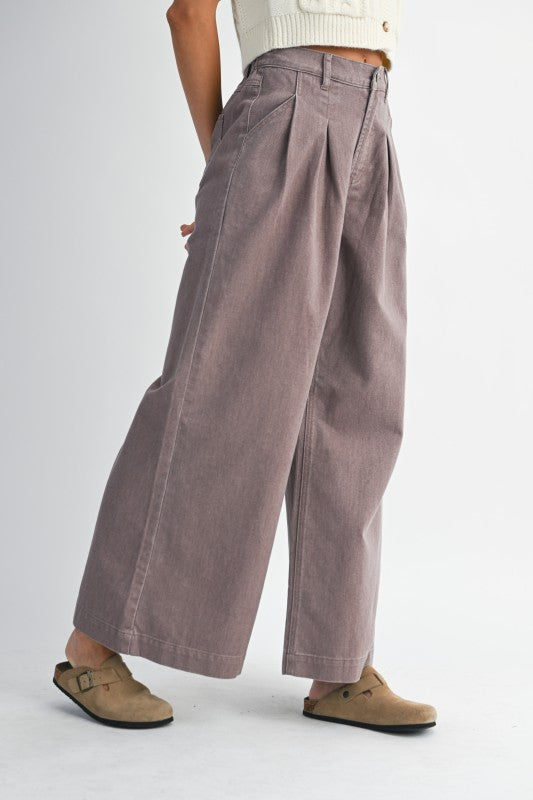 Dark Mauve Pleated Wide Leg Jeans