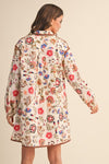 Colorful Floral Print Buttoned Cream Mini Dress