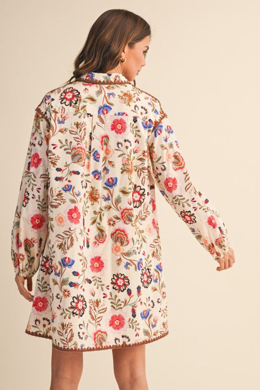 Colorful Floral Print Buttoned Cream Mini Dress