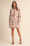 Colorful Floral Print Buttoned Cream Mini Dress