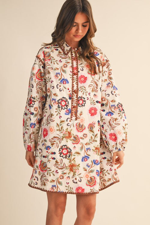 Colorful Floral Print Buttoned Cream Mini Dress
