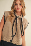 Taupe Tie Neck Sweater Vest