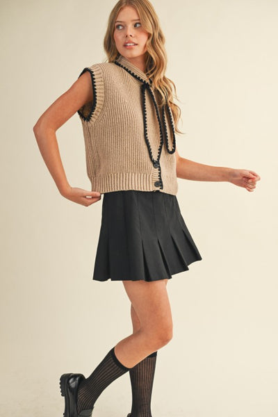 Taupe Tie Neck Sweater Vest