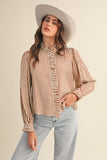 Brown Striped Ruffled Button Down Blouse