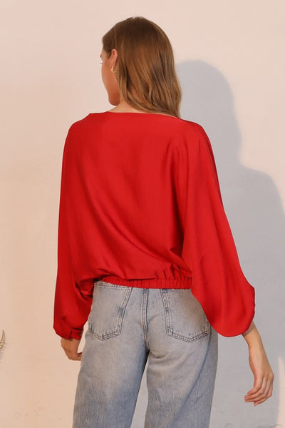 Red Washed Poly Silk Boat Neck Blouson Top