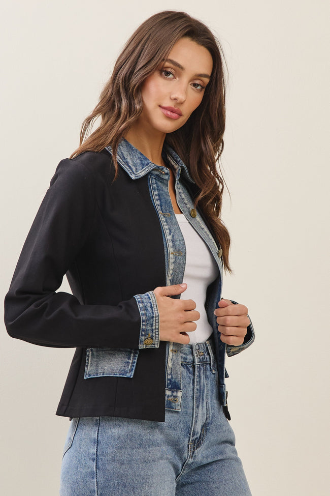Black & Denim Layered Look Knit Jacket
