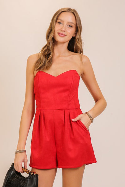 Red Suede Strapless Romper