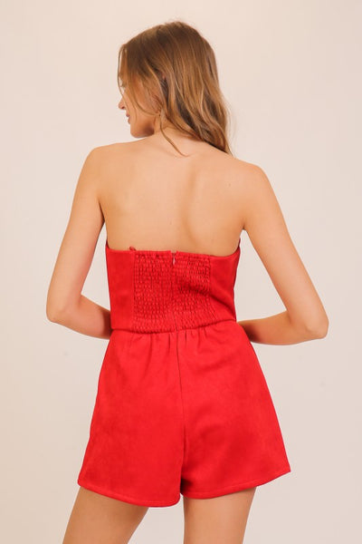 Red Suede Strapless Romper