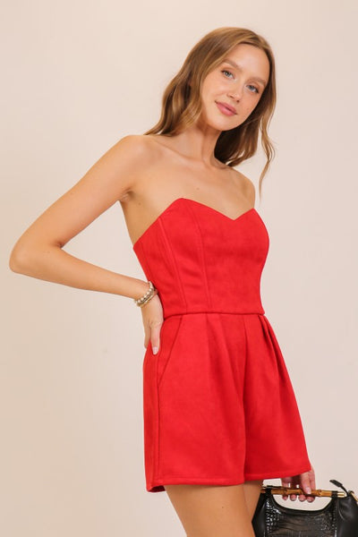 Red Suede Strapless Romper