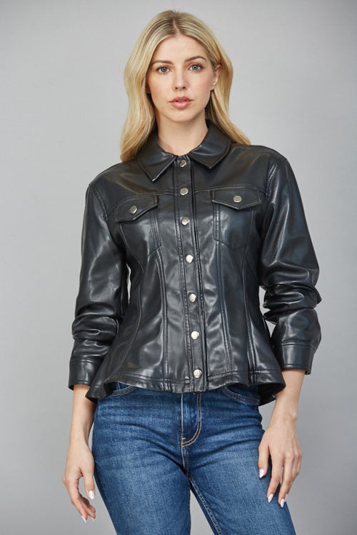 Black Cinched Leather Peplum Jacket