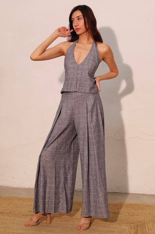 Denim Plaid Linen Halter and Pants Set