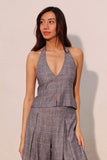 Denim Plaid Linen Halter and Pants Set