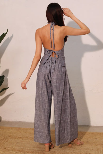 Denim Plaid Linen Halter and Pants Set