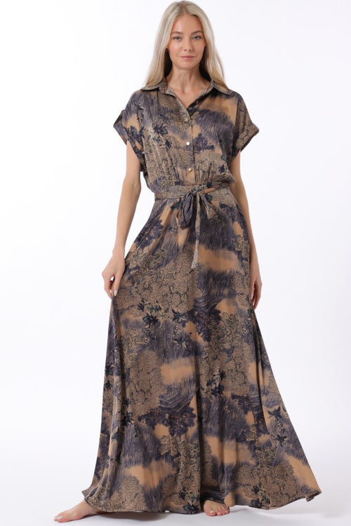 Button Down Elastic Waisted Belted Maxi Dress