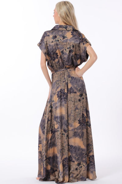 Button Down Elastic Waisted Belted Maxi Dress