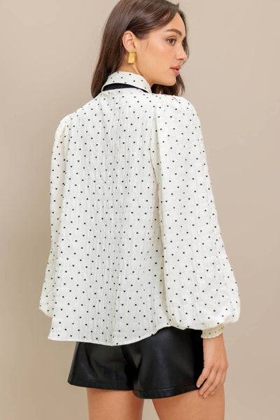 Heart Printed Collar Contrasting Bow Tie Long Sleeve