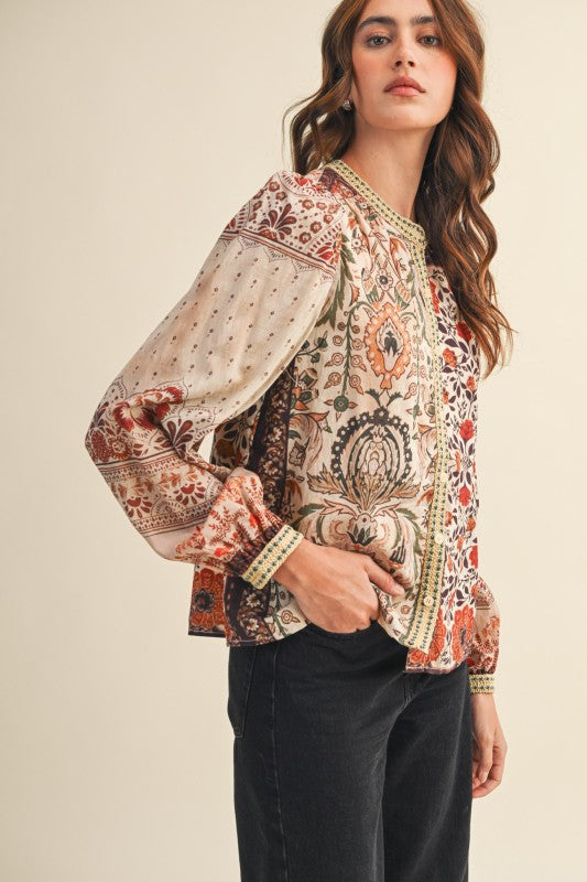 Multi Patchwork Print Button Down Blouse